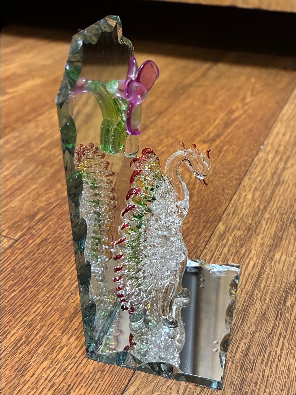 Vintage Handblown Spun Glass Peacock and Flower Sculpture - Purple and Green